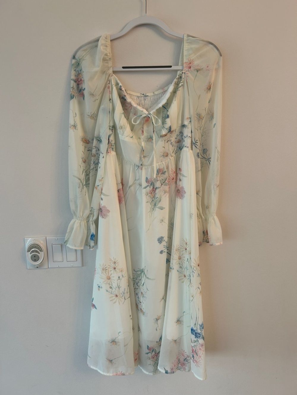 Ivory Floral Peasant Midi Dress - Romantic Long Sleeve